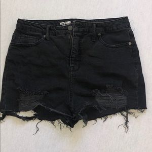 BLACK HIGH WAISTED DISTRESSED DENIM SHORTS